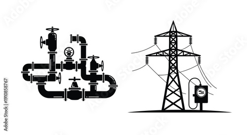 Industrial infrastructure icons pipes valves and a power transmission tower