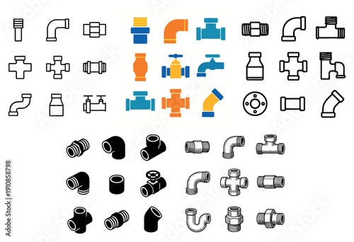 Colorful pipeline fittings illustration set
