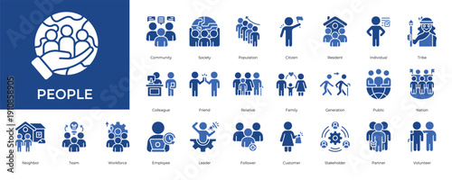 People Icon set Collection in Glyph Two Color Style. people, community, society, population, citizen, resident