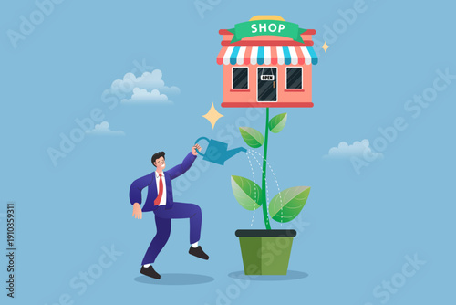 Business growth and SME success concept with businessman watering a shop tree. Investment, retail startup development, and financial nurturing for small business owners and entrepreneurs.