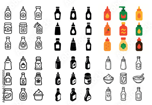 Sauce bottle icons and illustrations set
