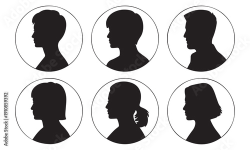 Set of six vector black silhouettes of mens and womens heads in circles on white background