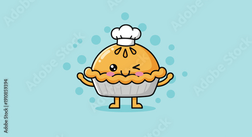 A cartoon pie character with a chef hat standing and smiling in a delightful illustration