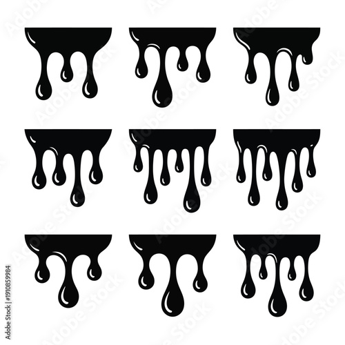 Nine black dripping shapes arranged in a grid pattern