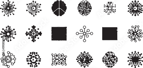 "Abstract geometric vector illustration showing grid of unique black and white shapes symbolizing design inspiration, molecular structures, and creative pattern recognition"