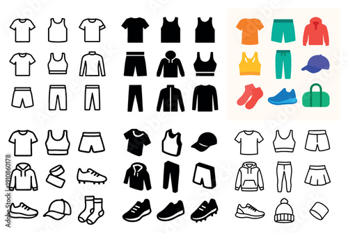 Fitness apparel icons and silhouettes set