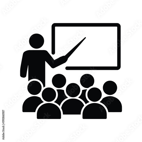 A silhouette of a presenter lecturing to a group of people
