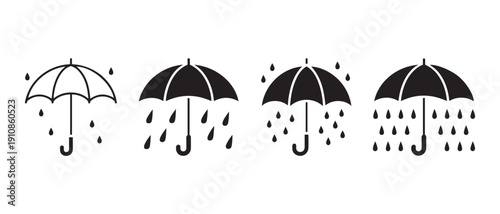 Rain and Umbrella Icons Set. for Weather Forecast and Protection Symbols. Black and White Minimalist Pictograms.