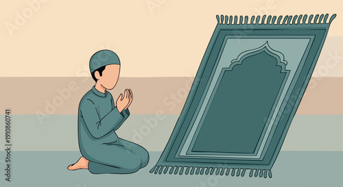 Muslim Boy Praying on Prayer Mat. Islamic Worship. Religious Devotion.
