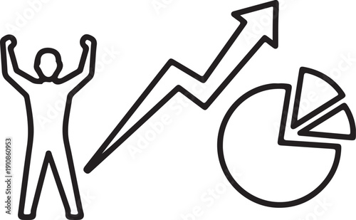 "Business success and growth vector illustration showing triumphant silhouette with upward arrow and pie chart symbolizing achievement, progress, and data-driven corporate performance"