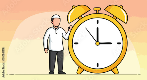 Muslim Man and Alarm Clock. Time Management Concept. Islamic Lifestyle. Flat Design.