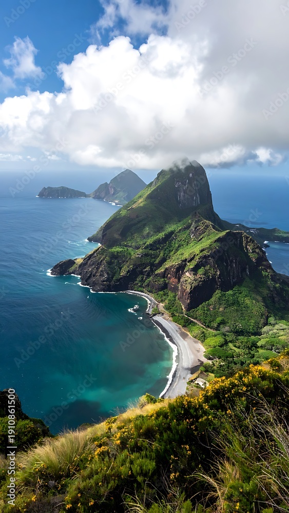 Fototapeta premium Lush green island with steep cliffs meets the bright blue ocean, under a sunny sky filled with fluffy white clouds