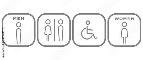 Vector illustration. WC concept. Gray icons. Stylish and modern design for men, women, accessible toilets.