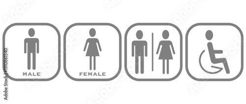 Vector illustration. WC concept. Gray icons. Stylish and modern design for men, women, accessible toilets.