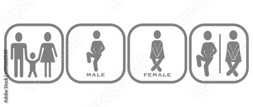 Vector illustration. WC concept. Gray icons. Stylish and modern design for men, women, accessible toilets.