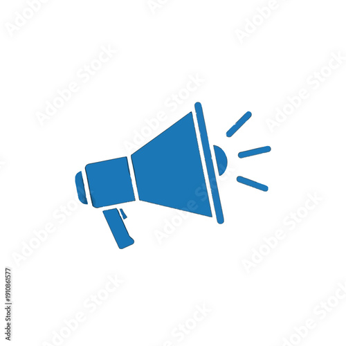 Simple blue megaphone icon emitting sound waves, used for announcements, broadcasting, and important public speaking communication on transparent background