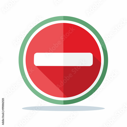 Red road sign with white bar indicating no entry with shadow and green outline.