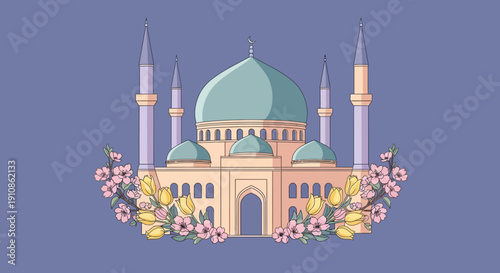 Beautiful cartoon illustration of a mosque with a teal dome and lavender minarets, adorned with a vibrant floral arrangement of pink and yellow flowers at its base, set against a soft blue background.