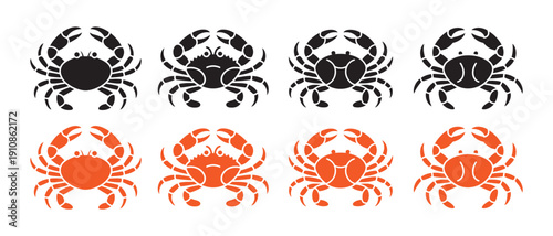 Crab Icons Vector Set. with Black and Orange Silhouettes Isolated on White Background for Seafood Design.