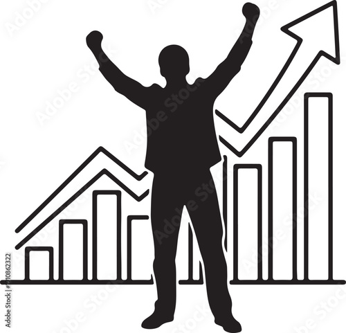 "Business success and growth vector illustration showing triumphant silhouette with raised arms, ascending bar chart, and upward arrow symbolizing achievement, progress, and corporate performance"