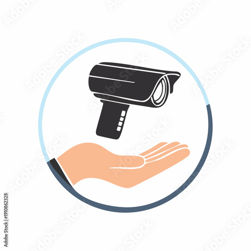 Surveillance camera held in a hand within a circular emblem, security concept.