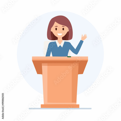 Woman giving speech from podium waving hand