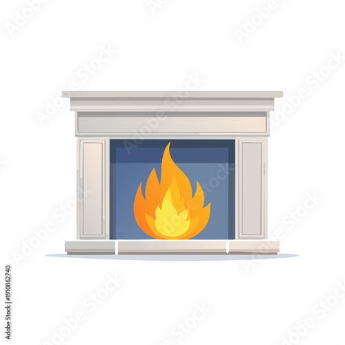 Cartoon fireplace with burning fire and decorative frame, interior design concept.