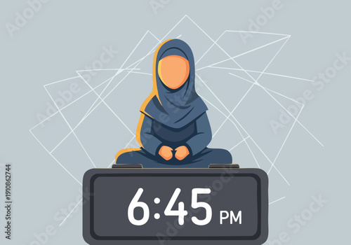 Muslim Woman Meditating at 6:45 PM. Woman in Hijab Meditating. Digital Art. Calmness. Evening.