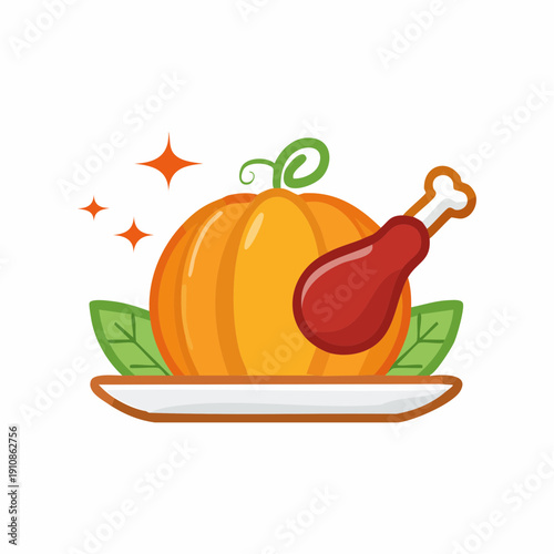 Thanksgiving dinner illustration pumpkin and chicken drumstick.
