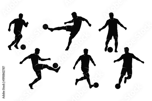 Silhouettes of soccer players in dynamic poses with balls
