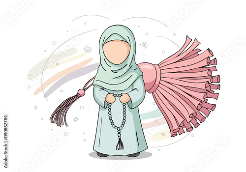 Muslim Woman Praying. Islamic Prayer Beads. Religious Symbol. Digital Art.