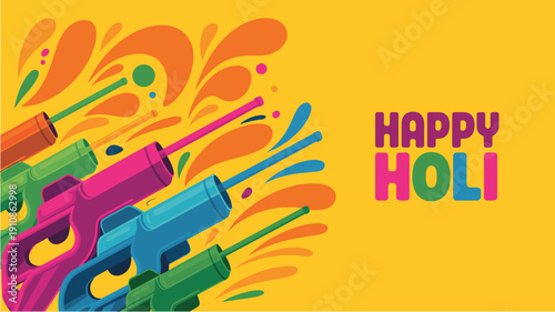 Happy holi vector background with colorful water guns spraying vibrant colors on yellow backdrop