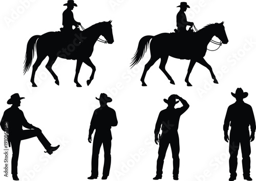 Cowboy silhouette vector set collection, man riding horse and standing poses, black isolated on white background, wild west western graphic design element icon pack.
