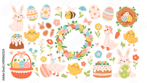 Cute Easter festive elements set. Easter eggs, cakes, wreath, animals, flowers and seasonal decorations. Spring holiday stickers. Flat vector illustration isolated on white