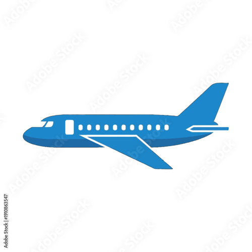 Simple blue commercial passenger jet aircraft side view icon design showcasing aerodynamic wings and tail stabilizer on transparent background