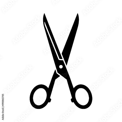 Simple outline drawing of a pair of sharp cutting scissors with open blades and finger loops on transparent background