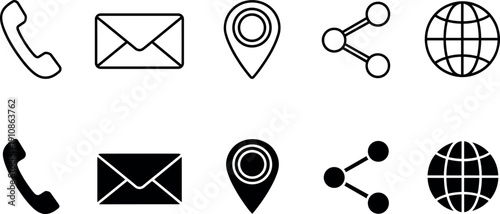 Minimal black and white contact and communication icon set with phone, email, location, share and globe symbols