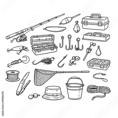 A detailed hand-drawn fishing gear illustration featuring rods, hooks, lures, nets, tackle boxes, weights, and accessories. Perfect for fishing themes, outdoor sports, hobby designs, and adventure .