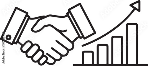 "Business partnership and growth illustration showing handshake with ascending bar chart and upward arrow symbolizing collaboration, agreement, success, and corporate progress"