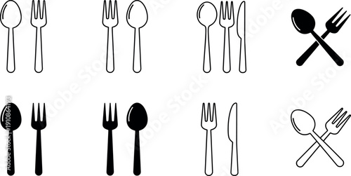 Minimal black and white cutlery icon set featuring spoon, fork and knife combinations for restaurant, menu and kitchen design