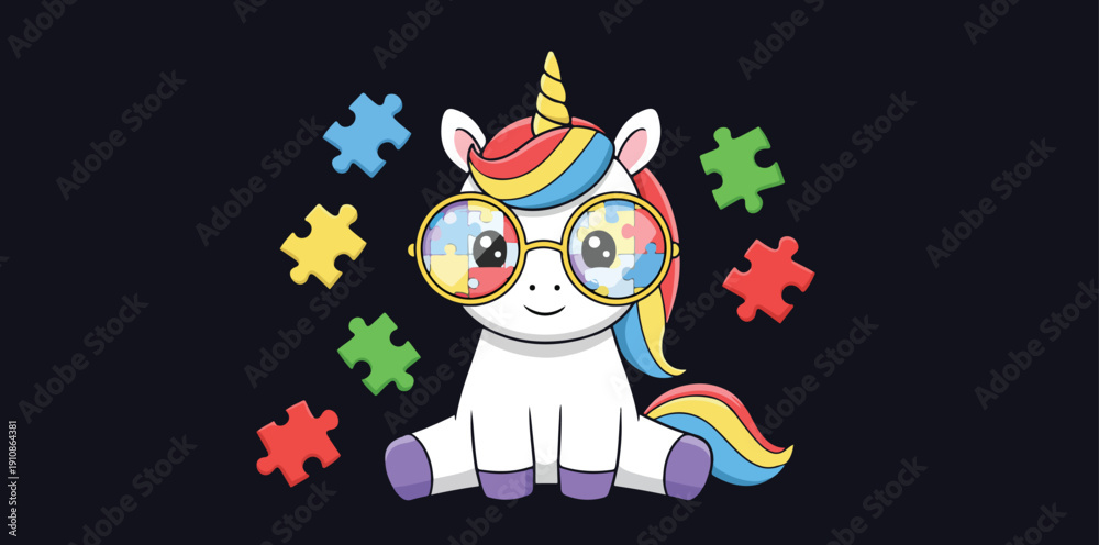 Naklejka premium Cute unicorn wearing glasses surrounded by puzzle pieces on black background