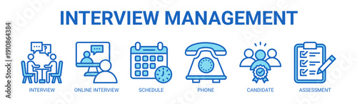 Interview Management web banner icon vector illustration concept with icon of interview, online interview, schedule, phone, candidate, and assessment.