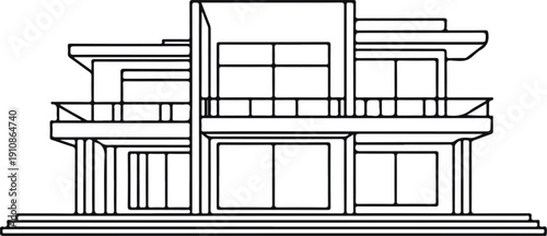 Modern Luxury Villa Line Illustration  Two-Story Contemporary Residential Exterior
