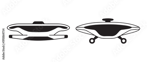 Futuristic Spaceship and UFO Vector Icons. Modern Sci-Fi Flying Vehicles in Black and White Style.