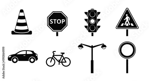 Collection of black and white road signs vehicles and streetlights