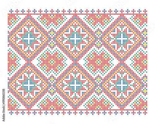Colorful repeated Altair star ornament in cross stitch style, traditional Ukrainian vyshyvanka embroidery from Dnipro region