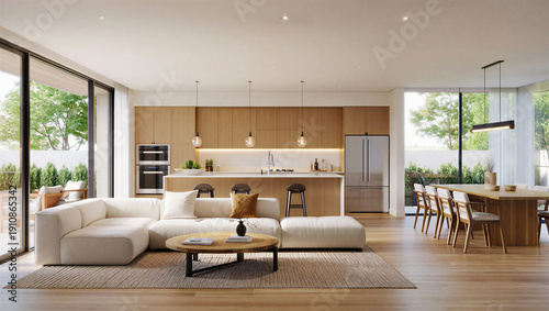 Foto Modern living room and kitchen with dining area and large windows