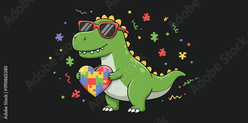Smiling green dinosaur wearing sunglasses and holding a heart