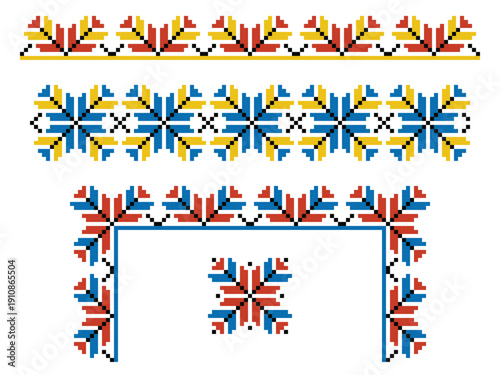 Seamless geometric border patterns set with repeating floral-like geometric stars from traditional Ukrainian embroidery (vyshyvanka) motifs