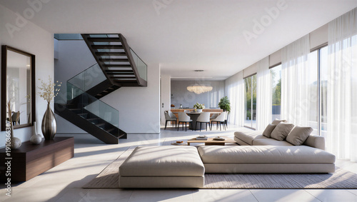Tableau sur toile Modern living room with staircase and large windows